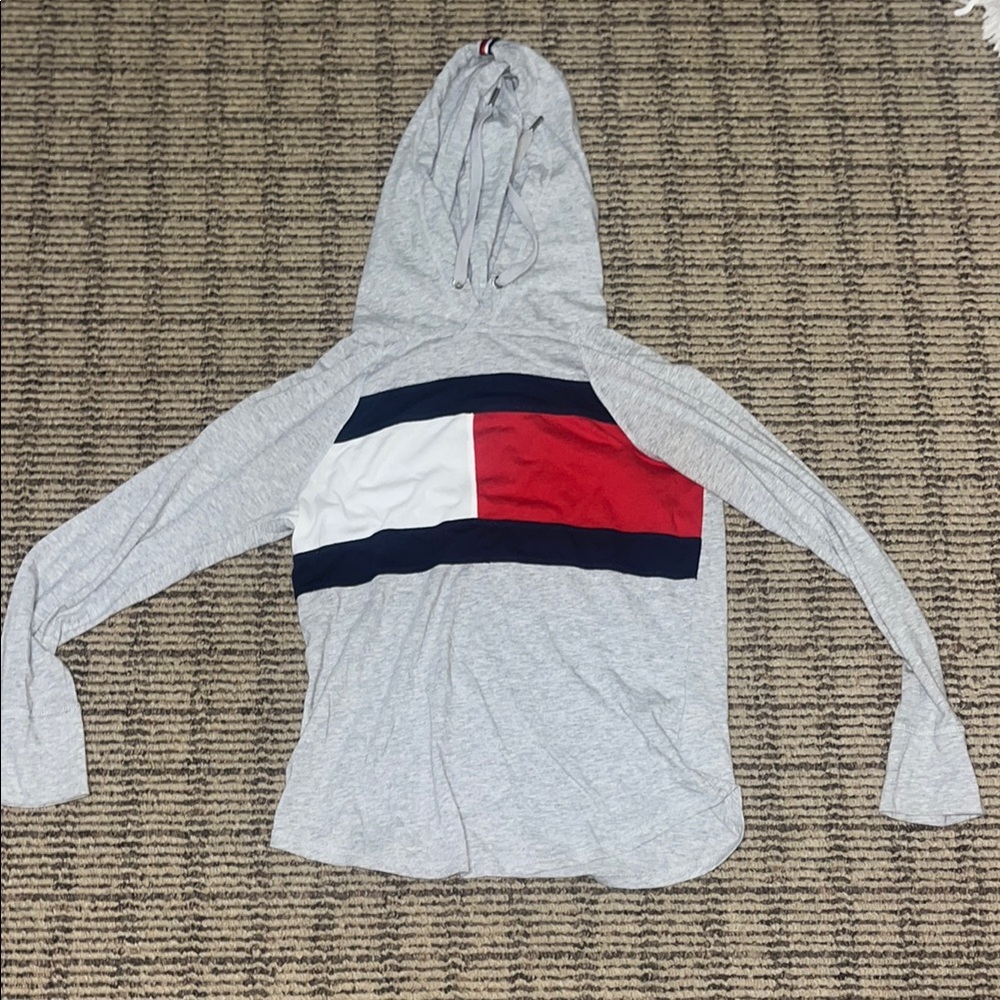 Tommy Hilfiger Light Gray Hoodie with Red, White, and Blue Block